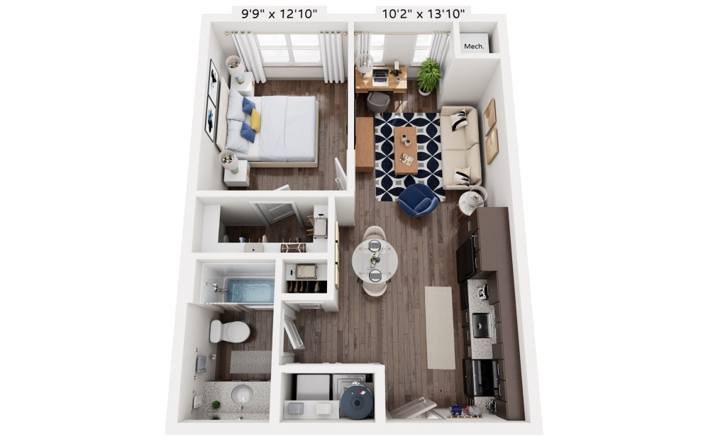 Benson - 1 bedroom floorplan layout with 1 bathroom and 593 - 607 square feet