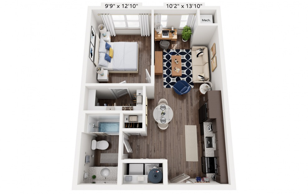 Benson - 1 bedroom floorplan layout with 1 bath and 593 to 607 square feet.