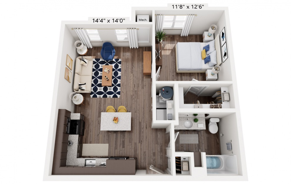 Brown - 1 bedroom floorplan layout with 1 bath and 706 square feet.