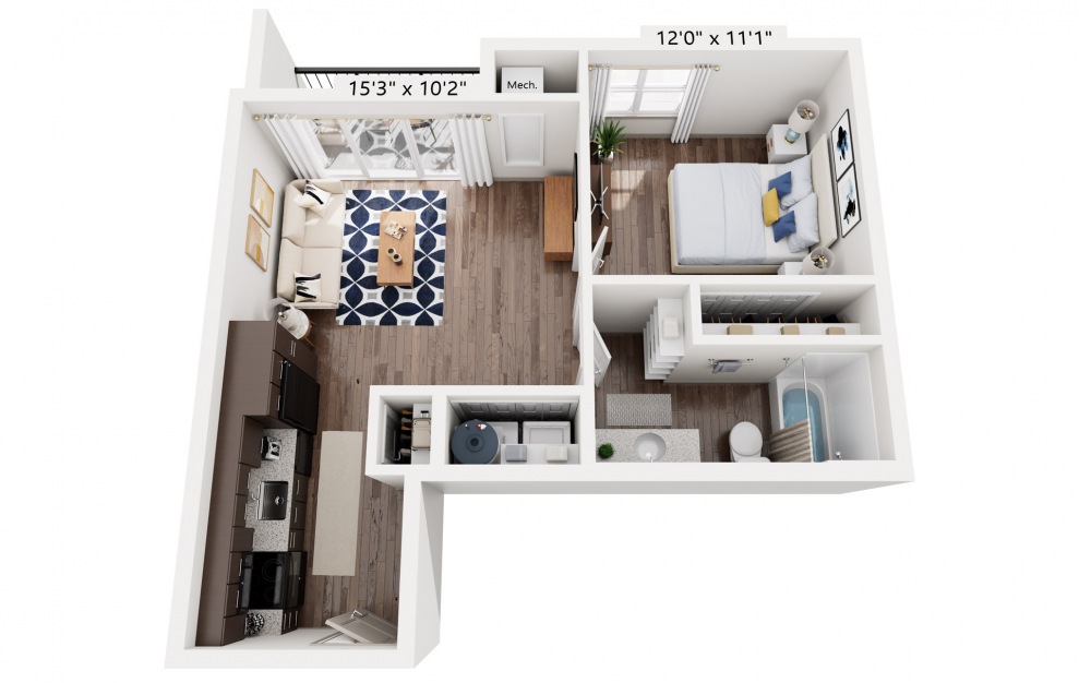 Blakey - 1 bedroom floorplan layout with 1 bath and 607 square feet.