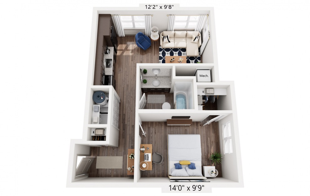 Clarke - 1 bedroom floorplan layout with 1 bath and 618 square feet.