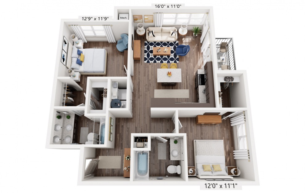 Jones - 2 bedroom floorplan layout with 2 baths and 1077 square feet.