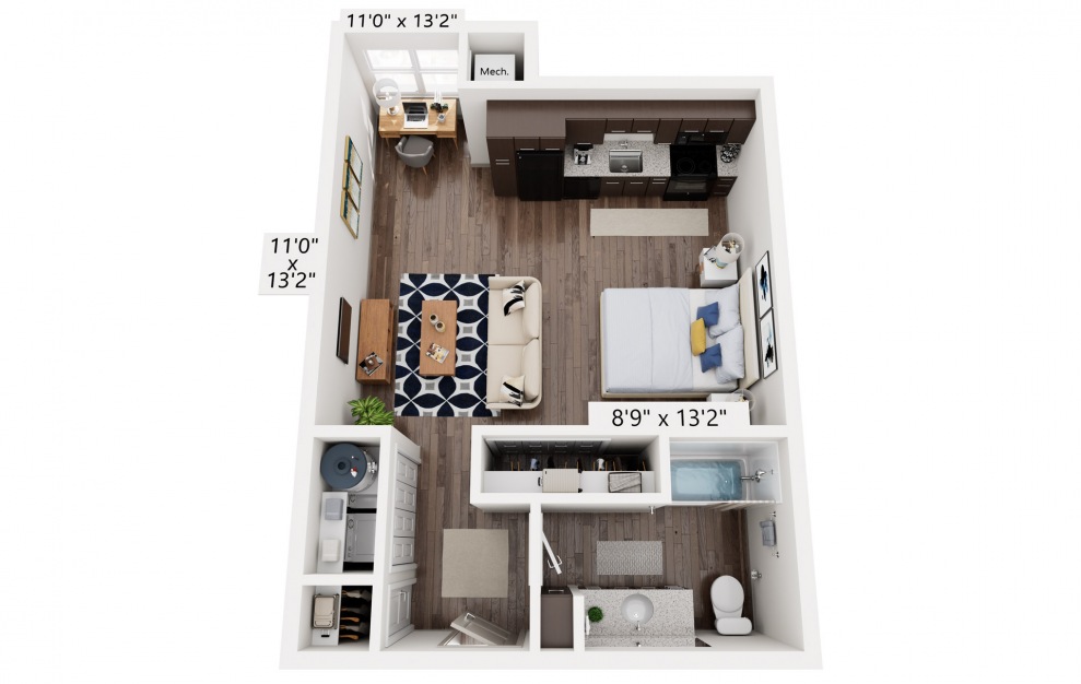 Kelley - Studio floorplan layout with 1 bath and 573 square feet.